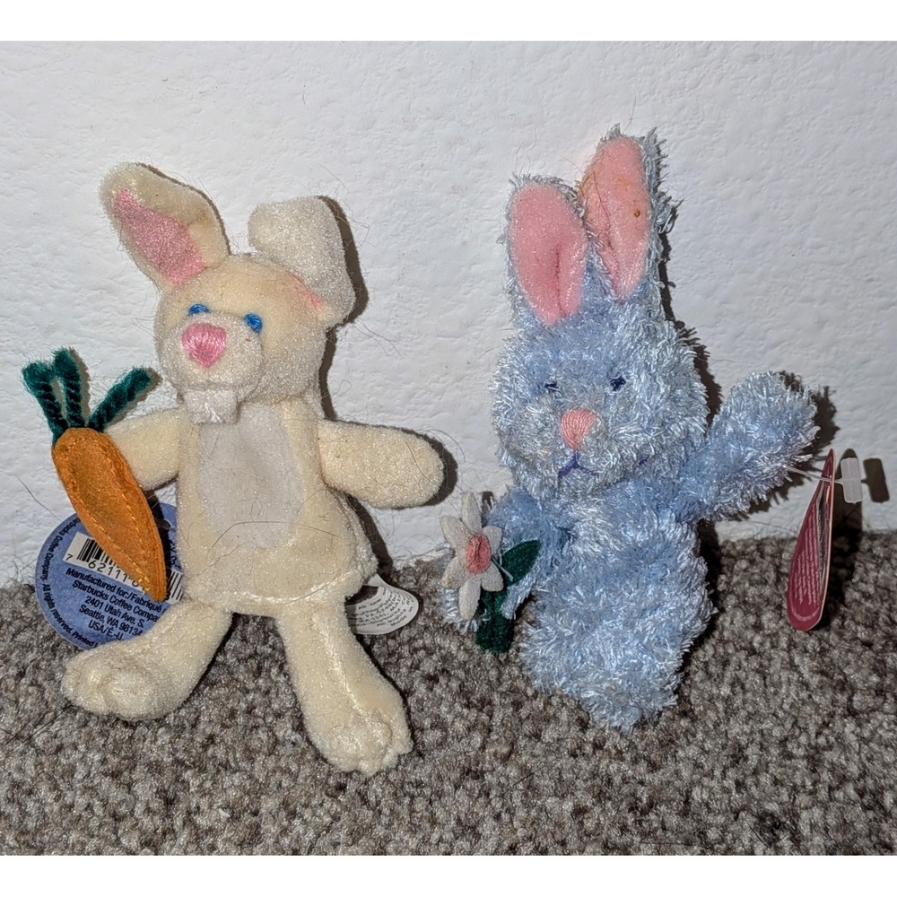 Starbucks 2003 Bunny Finger Puppets Plush Easter Spring Carrot Flower Set